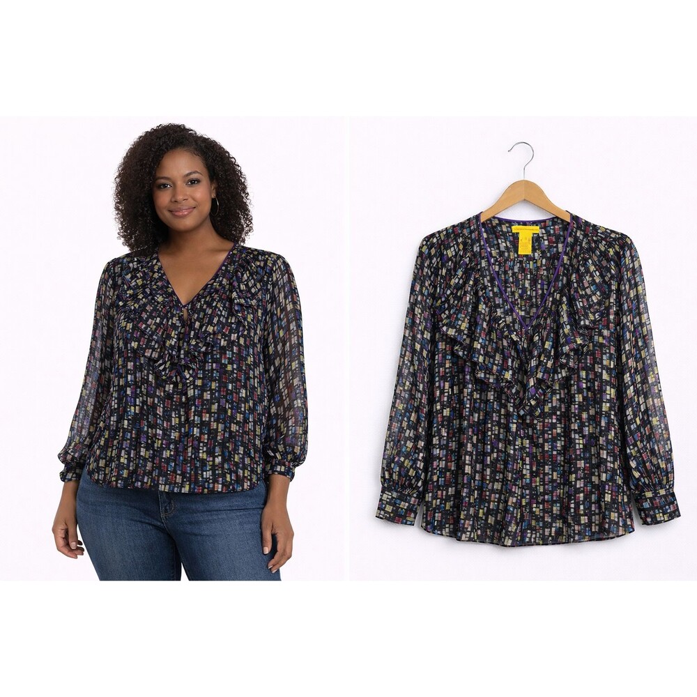 Catherine Malandrino Silk Chiffon Blouse Size 2 Ruffle Multi Color Geo Print